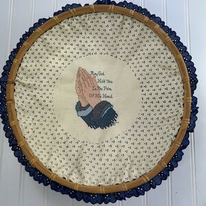 Vintage Basket Embroidery Cross Stitch Praying Hands Wall Basket Blue Lace 16”